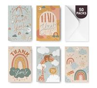 Rileys Baby Shower Thank You Cards with Envelopes, 50 Pack, Baby Thank You Cards for Gifts, Hand-Illustrated 5 Designs Boy, Girl and Neutral, Bulk Variety Pack (Nature)