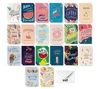 Rileys & Co Happy Birthday Cards Bulk, Hand-Illustrated Gift Cards Birthday, Envelopes Included, Cute and Colourful Birthday Gift Cards for Women, Men and Children (40-Pack)