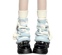 RILGOU Grunge Kawaii Stylish Gothic Y2K Accessories Knitted Knee High Long Fluffy Balls Decor Striped Leg Warmers, Blue, One Size
