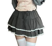 RILGOU Harajuku Lolita Kawaii Gothic Casual Style Elastic Waisted Soft Vintage Ribbon Lace Trim Layered Short Skirt, Gray, M
