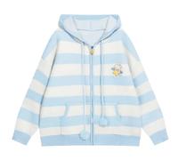 RILGOU Harajuku Y2K Kawaii Goth Fashion Zipper Soft Knitted Cute Embroidery Doggy Trim Stripe Hooded Cardigan Sweater, Blue, M