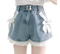 RILGOU Harajuku Y2K Style Pastel Kawaii Gothic High Waisted Straight Wide Leg Vintage Lace Knot-Bow Trim Denim Shorts, Blue, L