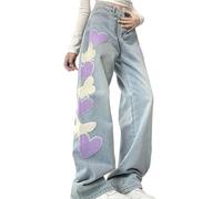 RILGOU Y2K Goth Vintage Casual High Waisted Loose Straight Wide Leg Purple Heart Butterfly Embroidery Jeans for Women, Blue, Large