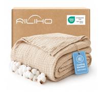RILIHO 100% Cotton Muslin Blanket Adult Super King 264 x 229 cm, Cooling Summer Blanket, 6 Layers Lightweight and Breathable Throw Blankets for Bed, Soft Cold Blanket for Sleeping, Beige