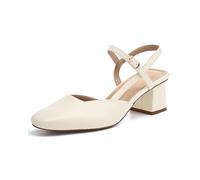 Rilista Women's Slingback Chunky Low Heels Closed Square Toe Heel Wedding Party Dress Pumps Shoes, Beige, 4 UK