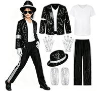 Rilltea Pop Super Star Costume Set, 80s Retro Black Sequin Jacket Trousers Hat Glove, Stage Outfit Halloween