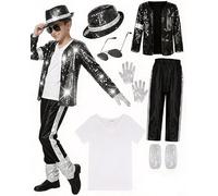 Rilltea Pop Super Star Costume Set, 80s Retro Black Sequin Jacket Trousers Hat Glove, Stage Outfit Halloween