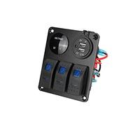 Riloer 3 Gang Combination Switch Panel, 12V - 24V ABS Marine Boat Car Dual USB Socket On/Off Rocker Switch Panel with LED, With Blue/Red/Green LED Light