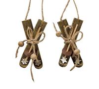 RiloStore Christmas Ski Ornaments Set of 2 Brown Wooden Rustic Hanging Ornaments 10 cm Alpine Theme Winter Skiing Christmas Tree Decoration