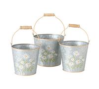 RiloStore Daisy Silver Daisy Flower Plant Pot Set Floral Design Zinc Decorative Metal Bucket Spring Easter Summer Wooden Handle Sand Bucket Plant Pots Pack of 3
