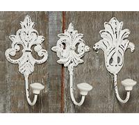 RiloStore Wall Hooks Nostalgia White Metal Cast Iron Set of 3 Coat Hooks Shabby Chic Antique White