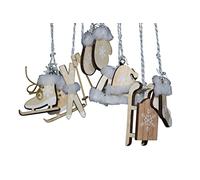 RiloStore Wooden Winter Sports Tree Decorations - Christmas Tree Ornament - Brown Wood - 6 Pieces - Rustic Style - Skier Theme - Christmas Occasion