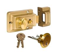 Rim Night Latch 60mm - Polished Brass Door Lock with 3 Keys, Deadlocking Snib and Internal Knob - Secure Front Door Security Latch - Universal 60mm Backset for Wooden Doors Left or Right Hand Opening