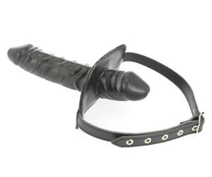 Rimba Bondage Play Mouth Gag with a Latex Dildo Inside (4 x 6 cm) and Outside (4 x 13 cm) Black One Size
