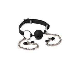 Rimba Latex Play - Mouth Gag with Testicles and Nipple Clamps Black