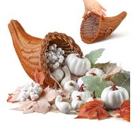 RimCereal Thanksgiving Cornucopia Basket Set Large Horn of Plenty Fall Harvest Decorations with 100 Pcs Artificial Leave Acorn Pumpkin Decoration for Home Cornucopia Thanksgiving Table(Fresh)