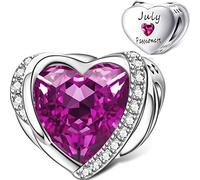 Rimgoris Charms Heart Birthstone Charm Bead, Silver Plated Synthetic Pink Crystal Bead Engraved July Fit European Bracelet Gifts For Women