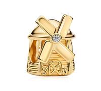 Rimgoris Gold Plated Windmill Charm Bead, 925 Sterling Silver Core, Cubic Zirconia Accent, European Style Charm Bead for Bracelet Jewelry Making