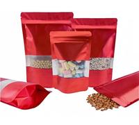 Rimiko 100pcs Resealable Stand up Foil Pouches with Clear Window, Zipper Aluminum Ziplock Bags, Mylar Bags for Food Storage, Colorful Matte Packaging for Candy Coffee Beans (Red, 6.3"x 9.5")