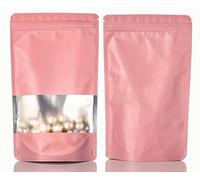 Rimiko 50pcs Resealable Stand up Foil Pouches with Clear Window, Zipper Aluminum Ziplock Bags, Mylar Bags for Food Storage, Colorful Matte Packaging for Candy Coffee Beans (Pink, 3.9"x 5.9")