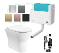 Rimless Back to Wall Dual Flush Toilet & Side Entry Concealed Cistern Set with Square Flush Plate - Ceramic Insulated Rimless Technology Quiet Flush (Brushed Bronze)