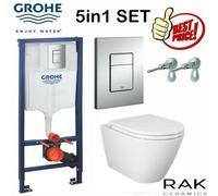 Rimless Toilet Wall Hung Pan Rak Ceramics Slim Seat & Grohe Frame Chrome Flush Plate