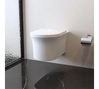 Rimless Wall Hung Toilet Bathroom UF Soft Close Seat Ceramic Round Pan White Modern WC