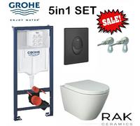 RIMLESS WALL HUNG TOILET PAN SEAT & GROHE WC FRAME MATT BLACK FLUSH PLATE
