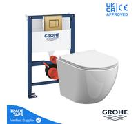Rimless Wall Hung Toilet Pan With Grohe 0.82M Low Height Concealed Cistern Frame Wc - Brushed Cool Sunrise Dual Flush Plate