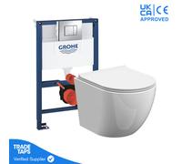 Rimless Wall Hung Toilet Pan With Grohe 0.82M Low Height Concealed Cistern Frame Wc - Chrome Dual Flush Plate