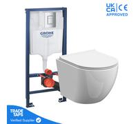 Rimless Wall Hung Toilet Pan With Grohe 1.13M Concealed Cistern Frame - Chrome Dual Flush Plate