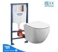 Rimless Wall Hung Toilet Pan With Grohe 1.13M Concealed Cistern Frame - Cool Sunrise Dual Flush Plate