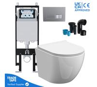 Rimless Wall Hung Toilet Pan With Viva Slim Concealed Cistern Frame 1.14-1.35M & Square Chrome Flush Plate