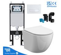 Rimless Wall Hung Toilet Pan With Viva Slim Concealed Cistern Frame 1.14-1.35M & Square Gloss White Flush Plate