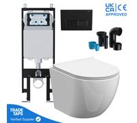 Rimless Wall Hung Toilet Pan With Viva Slim Concealed Cistern Frame 1.14-1.35M & Square Matt Black Flush Plate