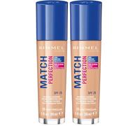Rimmel Match Perfection Foundation 010 Light Porcelain, Medium Coverage, 24hr Hydration, No Caking or Creasing, Lightweight, Reduces Imperfections, Invisible Coverage, SPF20, Cruelty Free (Pack of 2)