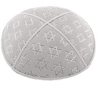 Rimmon Judaica Genuine Suede Kippah with 4 Sections, Silver Foil Embossed Stars of David Design, White, Medium