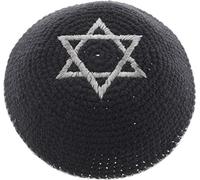 Rimmon Judaica Knitted Black Cotton Kippah with Silver Star of David and Trim