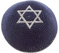 Rimmon Judaica Knitted Navy Blue Cotton Kippah with Silver Star of David and Trim