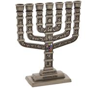 Rimmon Judaica Small 7 Branch Knesset Menorah with 12 Tribes Symbols and Hoshen, 10 Centimetres, Pewter Finish