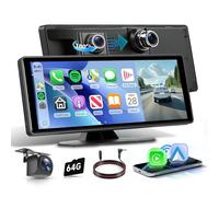 Rimoody 10.26 Inch Portable Wireless CarPlay & Android Auto Screen 4K Front & 1080P Rear Camera, IPS Touchscreen Bluetooth FM Transmitter AUX Loop Record 64G SD Card AHD Backup Camera