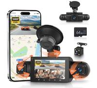 Rimoody 4-Channel 360° Dash Cam, 3 Inch 1080P Car DVR with Front/Rear/Inside/Side Cameras, WiFi App Control, Night Vision, G-Sensor, Loop Record, 24H Parking Monitor + 64G TF Card