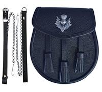 RIMSH LLC Black Leather Belt Pin Sporran Chain Plain & Embossed kilt Sporran for Men Kilt Accessories for men with Tassels, Black Sporran With Thistle Badge, 7''
