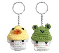 Rimvoe 2PCS Cute Crochet Mushroom Keychain, Mushroom Wear Frog/Duck/Bunny/Strawberry Hat, Handmade Key Chain for Backpack, Yellow+green, 2.75inch*2.36inch