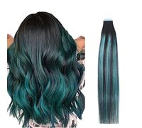 Rinboool Ombre Balayage Tape In Hair Extensions Black Fading To Teal Green Highlighted BlackRemy Human Hair14'' 40g 20Pcs/pack