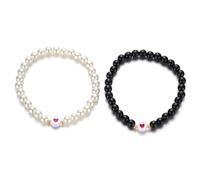 Rinbuz Red Heart Faux Pearl Couples Bracelets, White Black Pearl Beaded Stretchy Matching Bracelet for Couples Boyfriend and Girlfriend Bracelet Set, 16 cm, Glass, no gemstone