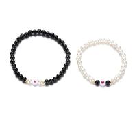 Rinbuz Red Heart Faux Pearl Couples Bracelets, White Black Pearl Beaded Stretchy Matching Bracelet for Couples Boyfriend and Girlfriend Bracelet Set, 16cm and 21cm, Glass, no gemstone