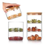 Rindow Stackable Glass Storage Jars,3 Tier Clear Glass Storage Canisters with Lids Kitchen Storage Jars Food Storage Canisters Glass Jars for Tea Coffee Sugar Cereal Pices Snacks (Round 3 Tier)
