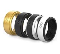 Rinfit Silicone Wedding Ring for Men, 4 Pack. Silicone Rubber Wedding Bands - Step Edge Design (Set #7, Size 9)