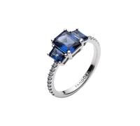 Pandora Timeless Blue Rectangular Three Stone Sparkling ring with princess blue crystal and clear cubic zirconia, 50